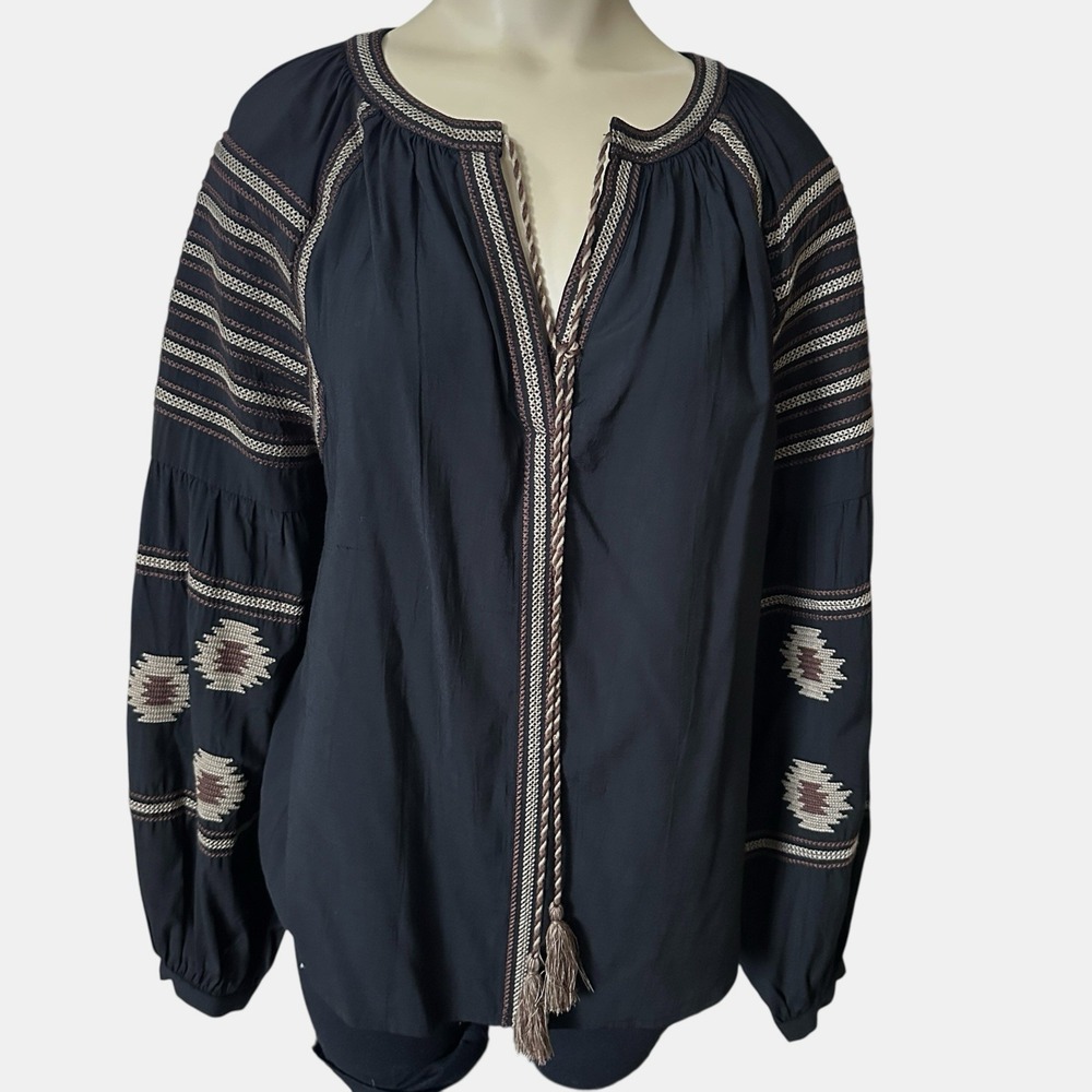 Apricot Brand Shirt Top Size 6 Black  Embroider Viscose Blend Aztec Boho Tassels